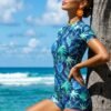 Navy Tropical Print Zip-Front Short-Sleeve Swim Romper