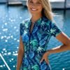Navy Tropical Print Zip-Front Short-Sleeve Swim Romper