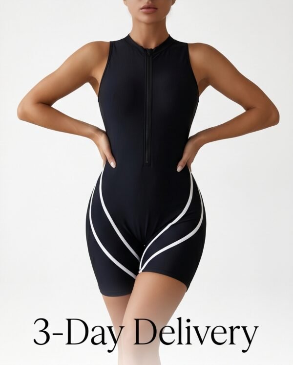 BS-SWM-147_4 Black Zip-Front Boyleg Swim Romper with White Piping