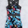 Black Tropical Floral Print Crisscross Halter Romper Swimsuit