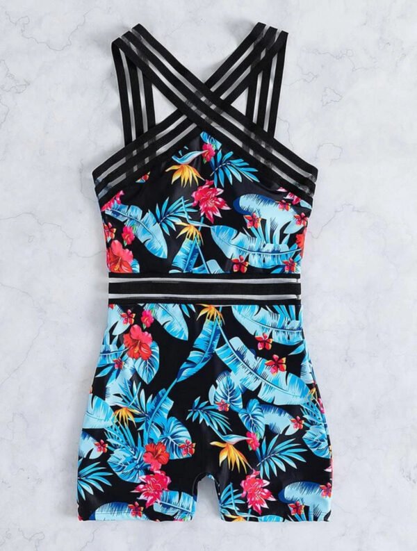Black Tropical Floral Print Crisscross Halter Romper Swimsuit