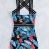Black Tropical Floral Print Crisscross Halter Romper Swimsuit