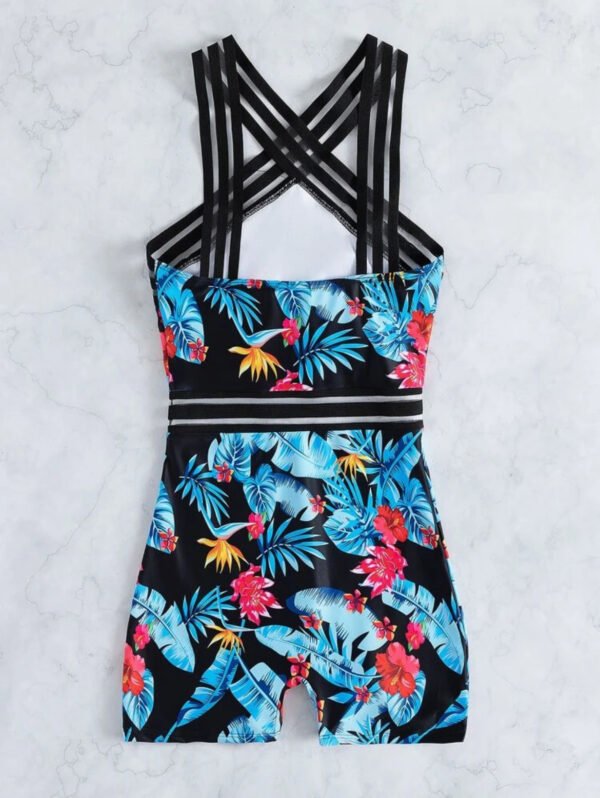 Black Tropical Floral Print Crisscross Halter Romper Swimsuit