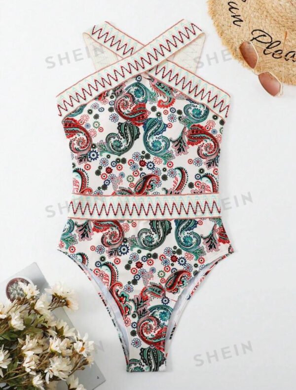 Paisley Print Crisscross Halter One-Piece Swimsuit