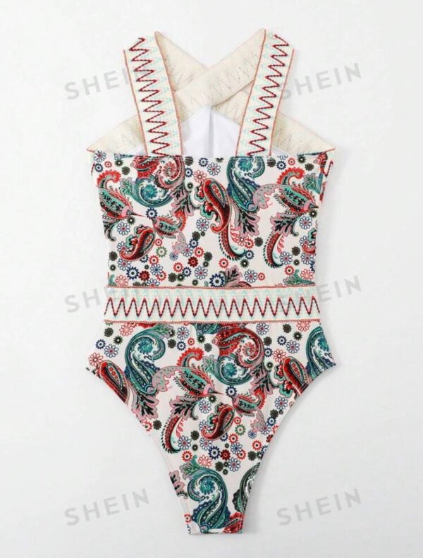 Paisley Print Crisscross Halter One-Piece Swimsuit