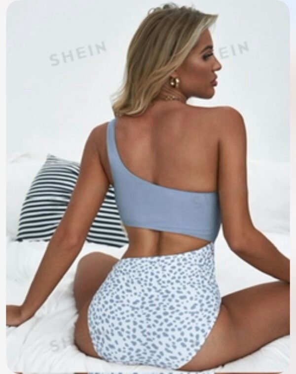 Blue One-Shoulder Cutout Swimsuit with Dalmatian Print Bottom