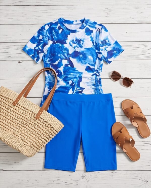 BS-SWM-153_4 Blue Floral Print Peplum Swim Top with Biker Shorts