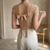 Camel Ribbed Knit Bow-Back Top