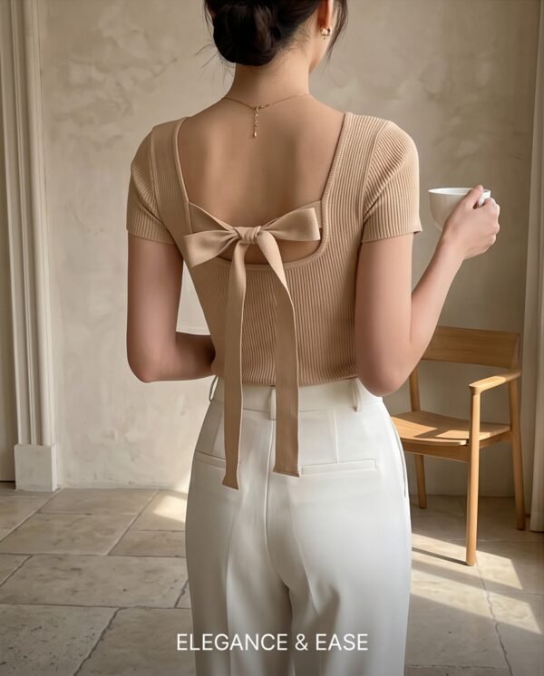 Camel Ribbed Knit Bow-Back Top