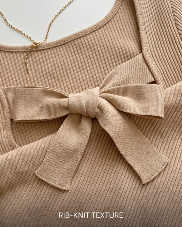 Camel Ribbed Knit Bow-Back Top