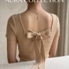 Camel Ribbed Knit Bow-Back Top
