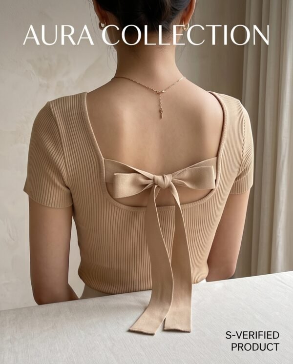 Camel Ribbed Knit Bow-Back Top