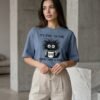 BS-TOP-002_1 Blue Oversized Graphic Coffee Cat T-Shirt