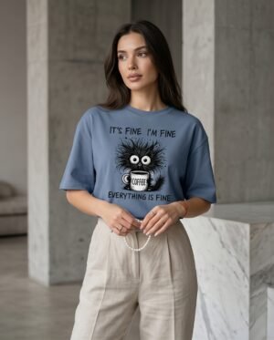 Blue Oversized Graphic Coffee Cat T-Shirt