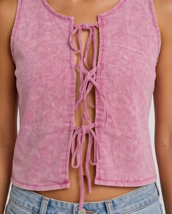 BS-TOP-003_2 Pink Washed Lace-Up Cropped Vest