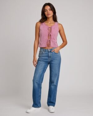 BS-TOP-003_3 Pink Washed Lace-Up Cropped Vest