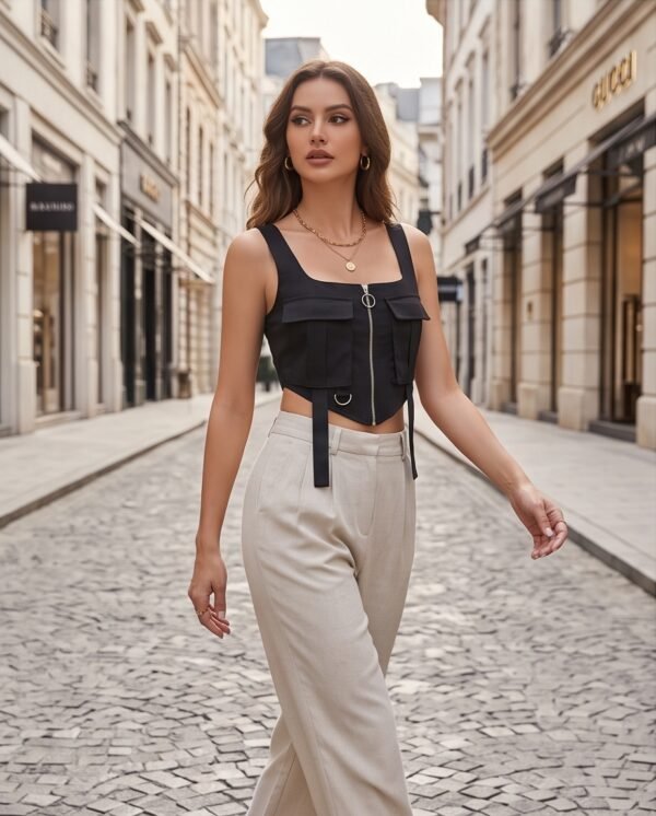 BS-TOP-008_1 Black Zip-Front Cargo Pocket Crop Top