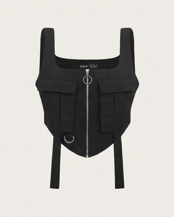 BS-TOP-008_4 Black Zip-Front Cargo Pocket Crop Top