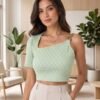 Green Diamond Print Asymmetric Buckle-Strap Crop Top