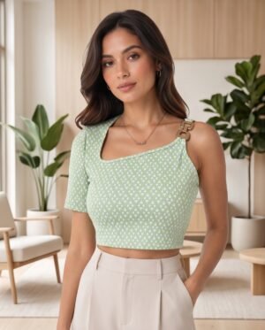 BS-TOP-011_1 Green Diamond Print Asymmetric Buckle-Strap Crop Top