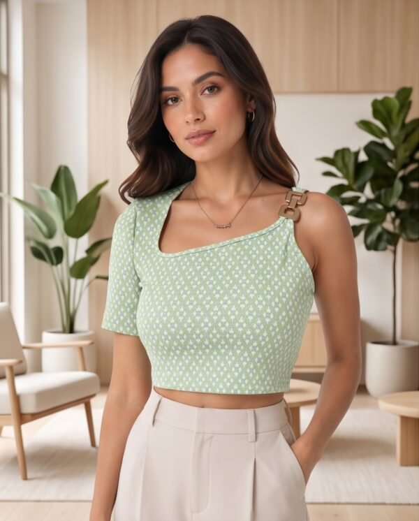 Green Diamond Print Asymmetric Buckle-Strap Crop Top