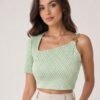 Green Diamond Print Asymmetric Buckle-Strap Crop Top