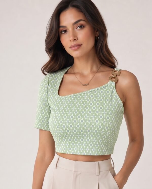 Green Diamond Print Asymmetric Buckle-Strap Crop Top
