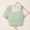Green Diamond Print Asymmetric Buckle-Strap Crop Top