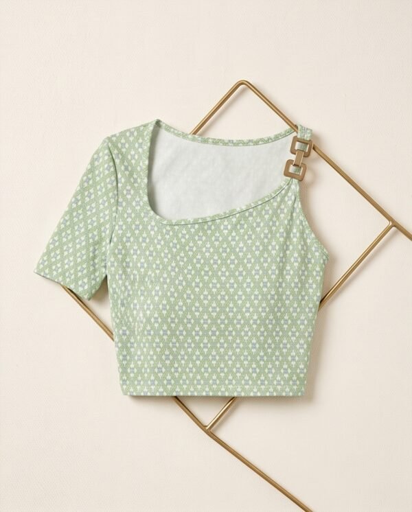 Green Diamond Print Asymmetric Buckle-Strap Crop Top