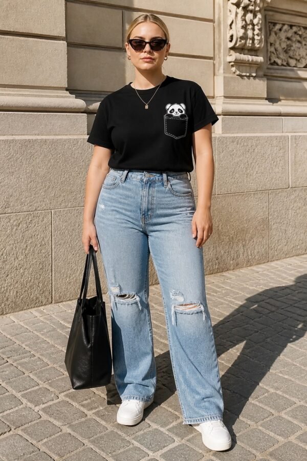 Black Panda Pocket Print Cotton T-Shirt