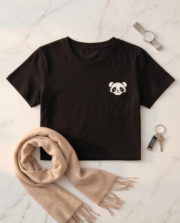 Black Panda Pocket Print Cotton T-Shirt