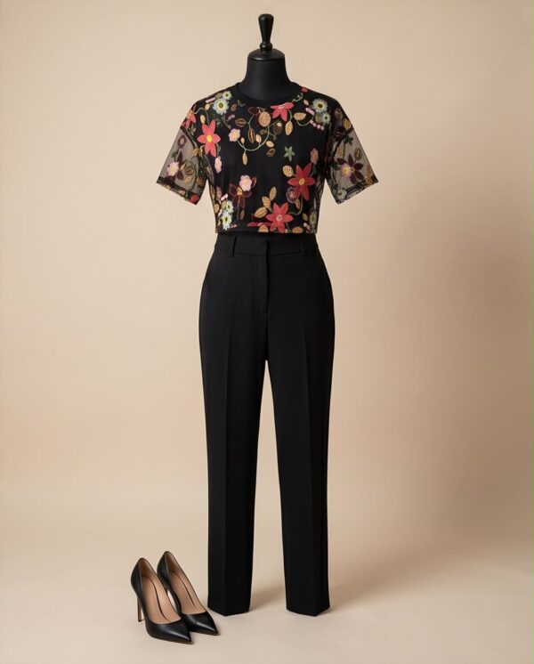 a035a589-3273-4532-a477-8cb57ac7f057 Floral Embroidered Mesh Top — Sheer Black Tulle, Short Sleeve
