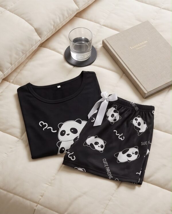 “Cute Pandas” Pyjama Set — Black Panda Print Tee & Shorts