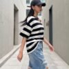Striped Cut-Out Shoulder Oversized T-Shirt — Black & White, Cotton Blend