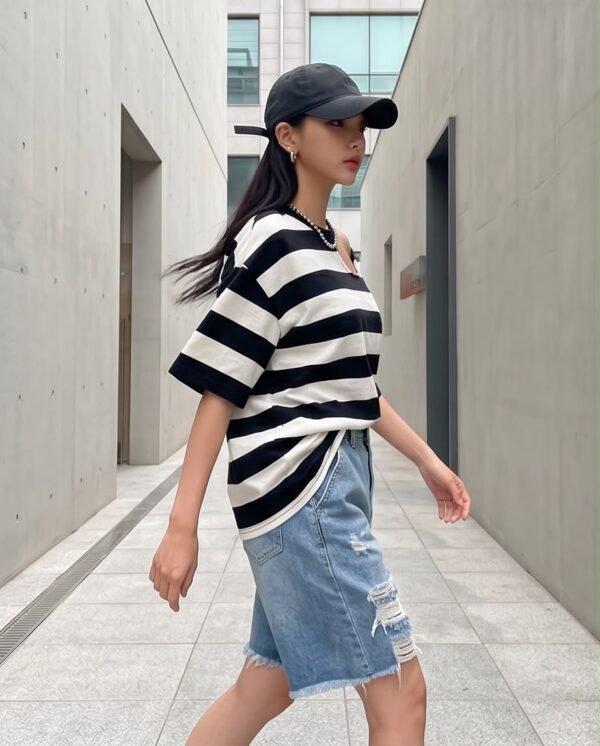 Striped Cut-Out Shoulder Oversized T-Shirt — Black & White, Cotton Blend