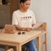 Heart Print Cropped T-Shirt — Beige Cotton, Short Sleeve