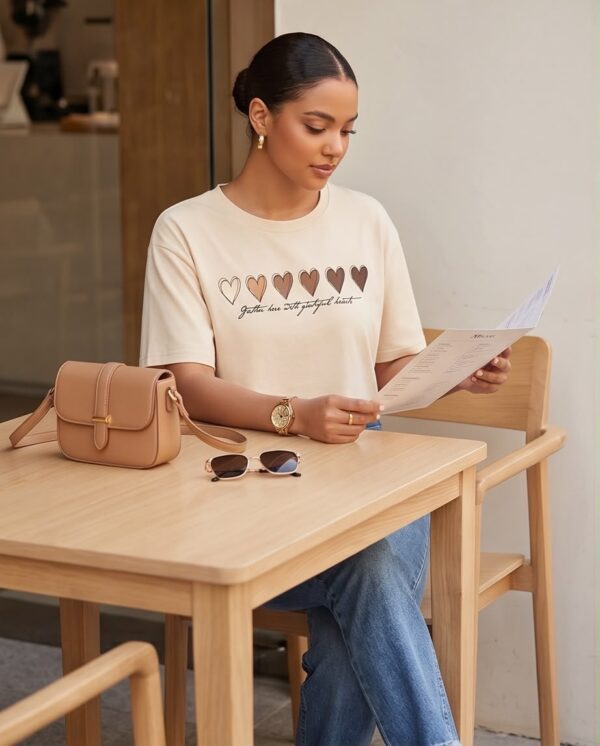 Heart Print Cropped T-Shirt — Beige Cotton, Short Sleeve