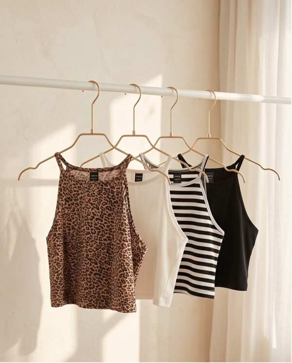 Ribbed Halter Crop Top Set (4 Pieces) — Leopard, White, Stripe & Black