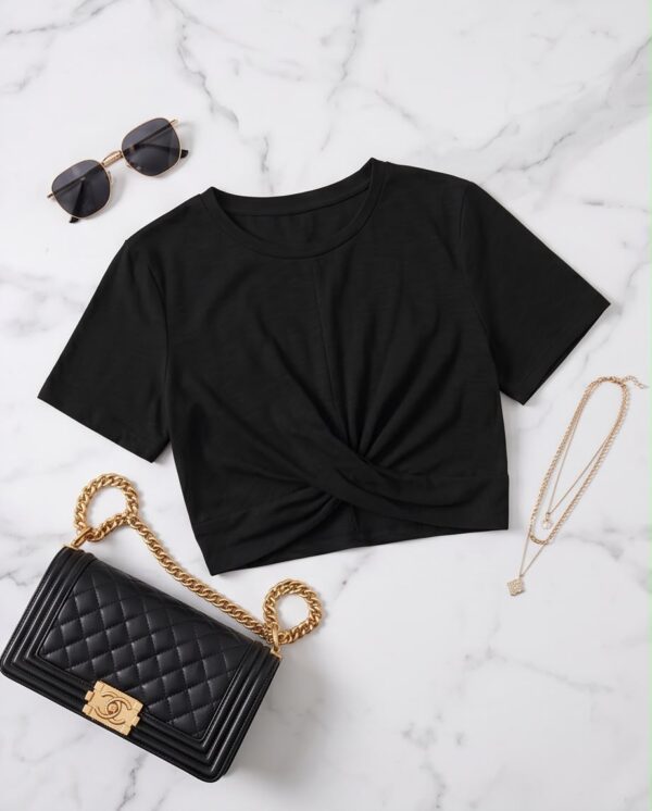 Twist Front Cropped T-Shirt — Black, Short Sleeve Cotton Blend