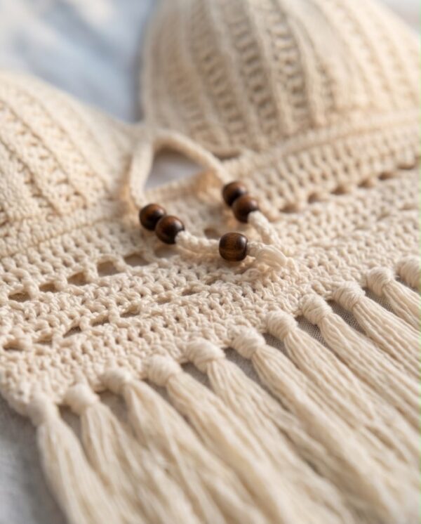 Crochet Fringe Halter Crop Top — Cream Bohemian Beach Top