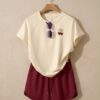 Cherry Bow Cotton Pyjama Set — Cream Tee & Burgundy Drawstring Shorts