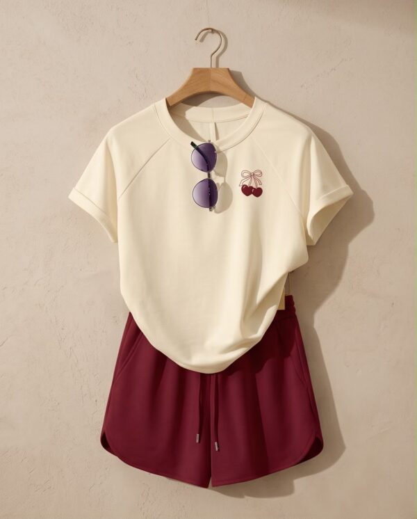 Cherry Bow Cotton Pyjama Set — Cream Tee & Burgundy Drawstring Shorts