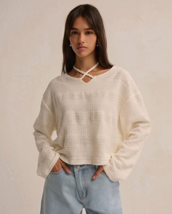 Oversized Open-Knit Jumper — Cream, Strap Detail Neckline