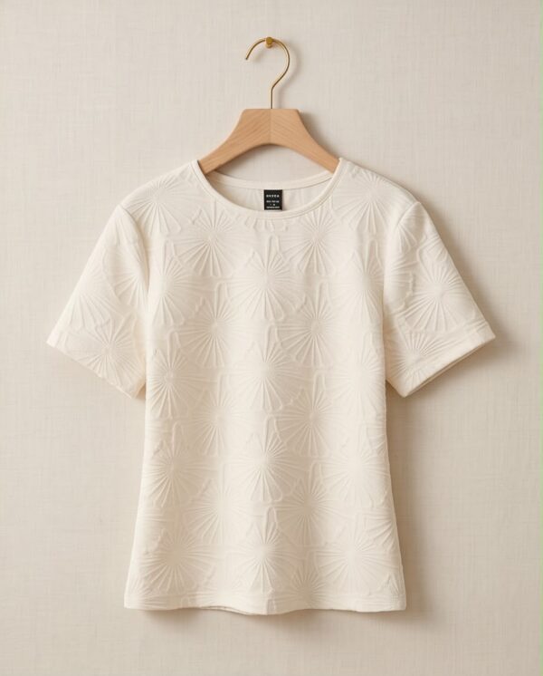 b4c09dbf-21f5-4a7a-a62e-d3489401f730 Textured Jacquard T-Shirt — Cream, Embossed Floral Fan Pattern