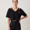 Rose Embroidered Cut-Out Crop Top — Black, V-Neck Short Sleeve