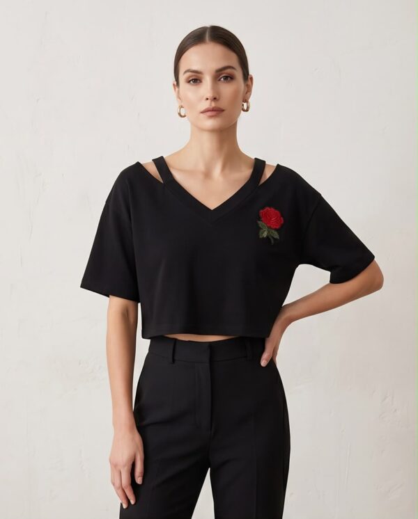 Rose Embroidered Cut-Out Crop Top — Black, V-Neck Short Sleeve