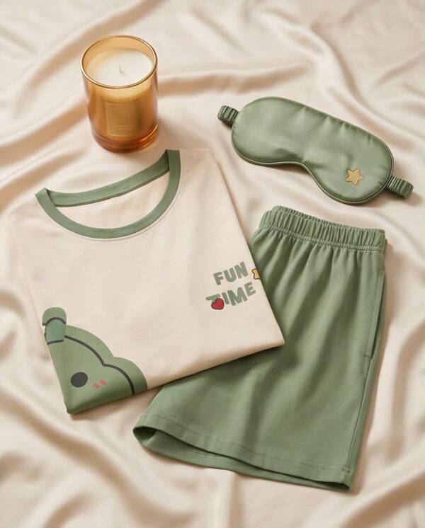 “Fun Time” Cotton Pyjama Set — Cream & Green Colour-Block Tee and Shorts