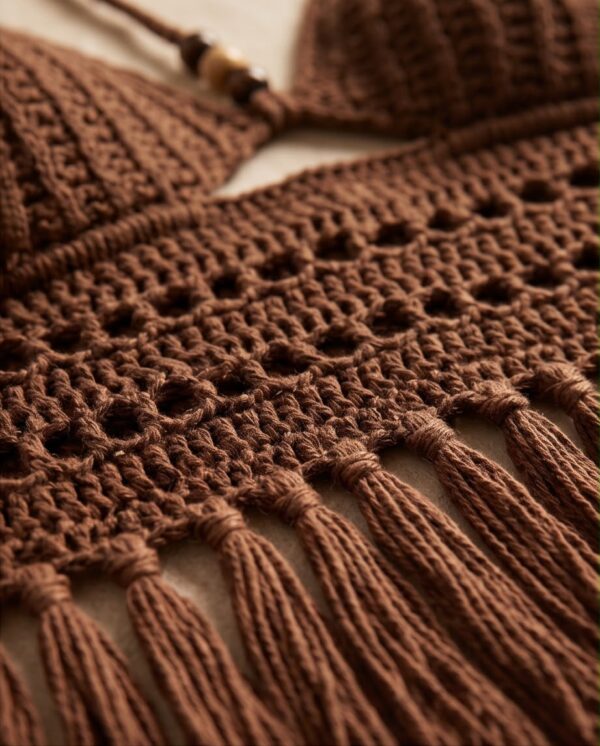Crochet Fringe Halter Crop Top — Chocolate Brown Bohemian Beach Top