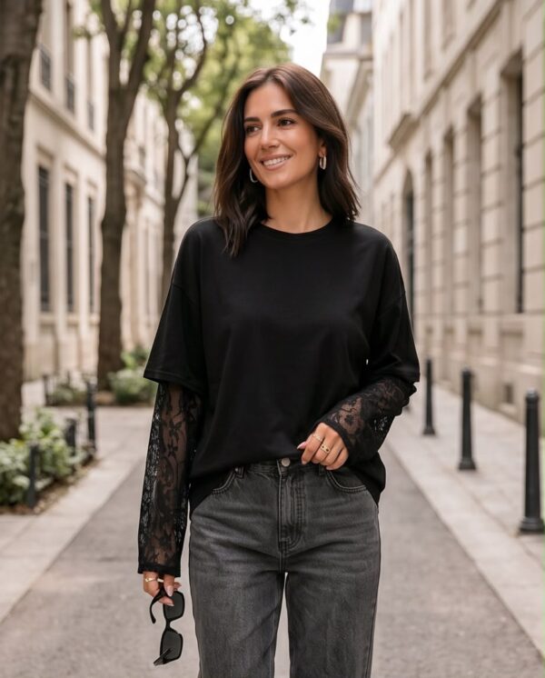 c55113b5-af89-4435-b7d3-e558dd4f0a97 Lace Sleeve Oversized Top — Black, Long Sleeve with Sheer Panels