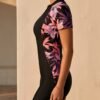 Black Zip-Front Swim Romper – Purple Tropical Print Sleeves